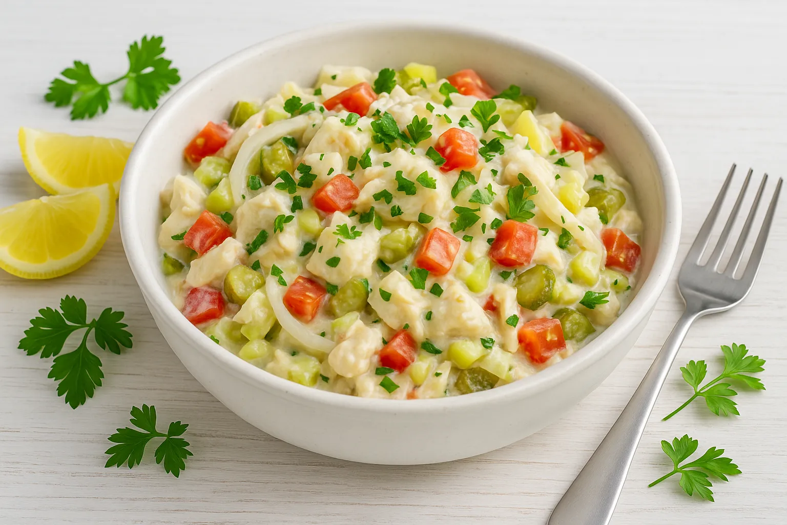 Rostocker Fischsalat mit Kabeljau, Gemüse, Ei und Kräutern in weißer Schale, Zitronen und Deko, weißes Holz