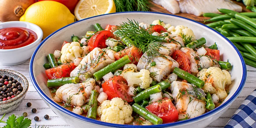 Saßnitzer Fischsalat mit Fischfilet, Bohnen, Blumenkohl und Kräutern.
