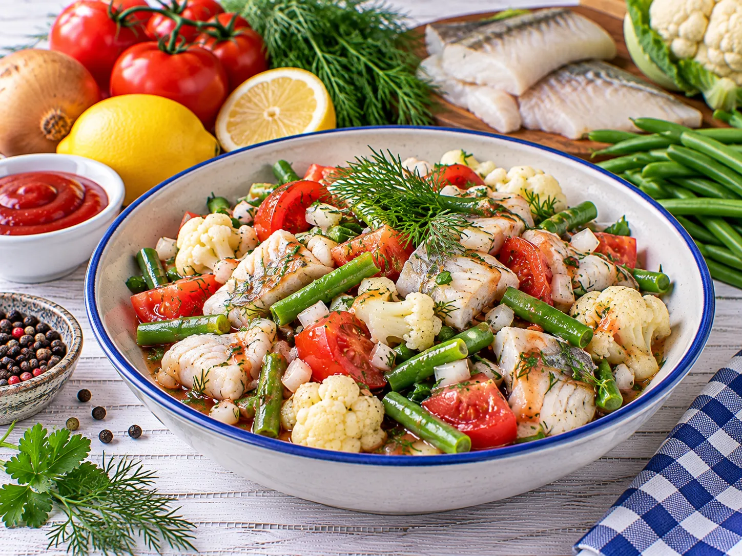Saßnitzer Fischsalat mit Fischfilet, Bohnen, Blumenkohl und Kräutern.