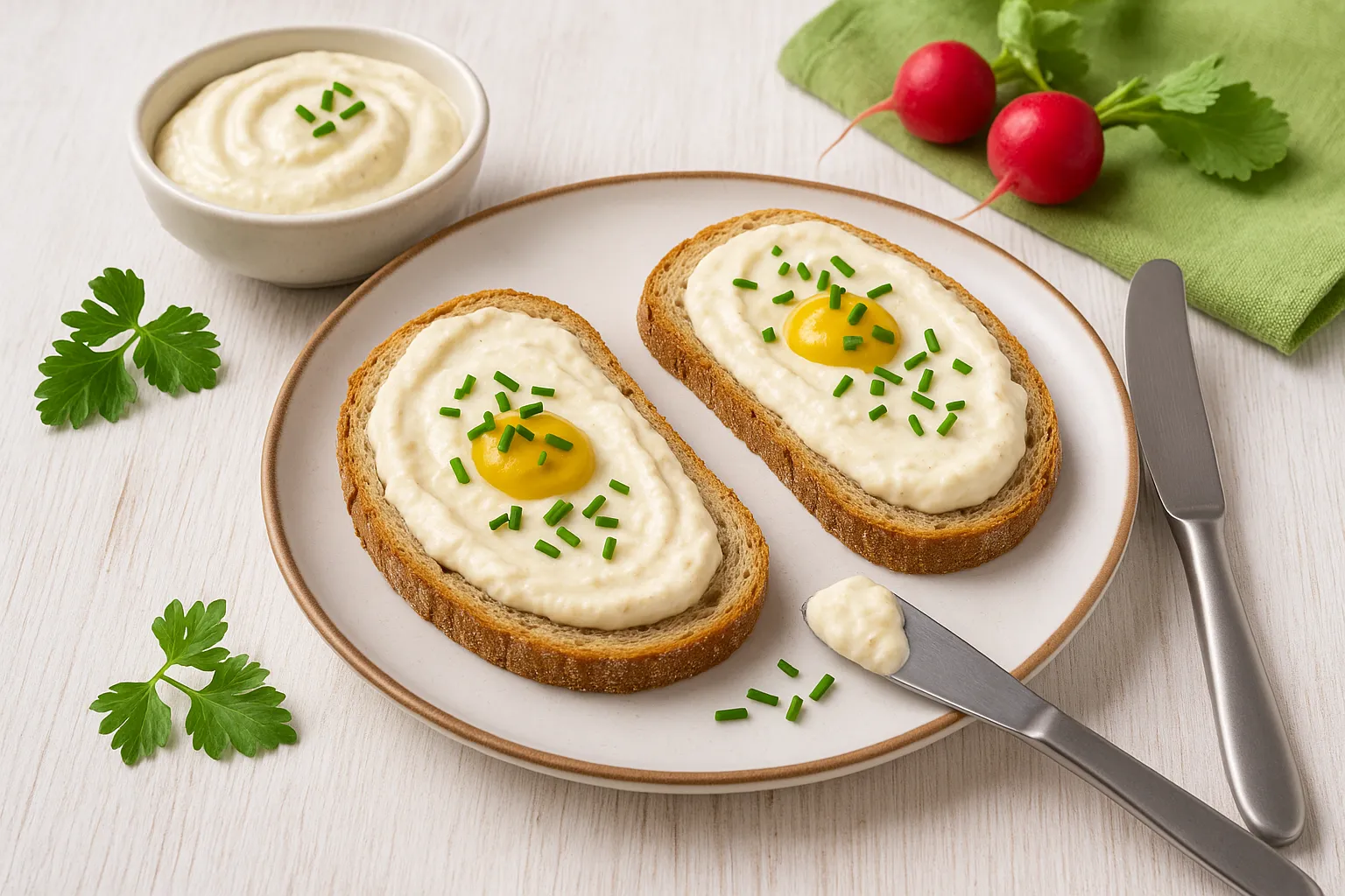  Brot mit Senf-Quark-Aufstrich auf weißem Holztisch, dekoriert mit Kräutern, Keramikteller, frischem Brot und modernem Besteck.