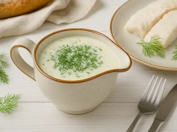 Cremige Sahnesoße mit Dill in Sauciere auf weißem Holztisch, dazu Kochfisch und Dill, moderne Dekoration.