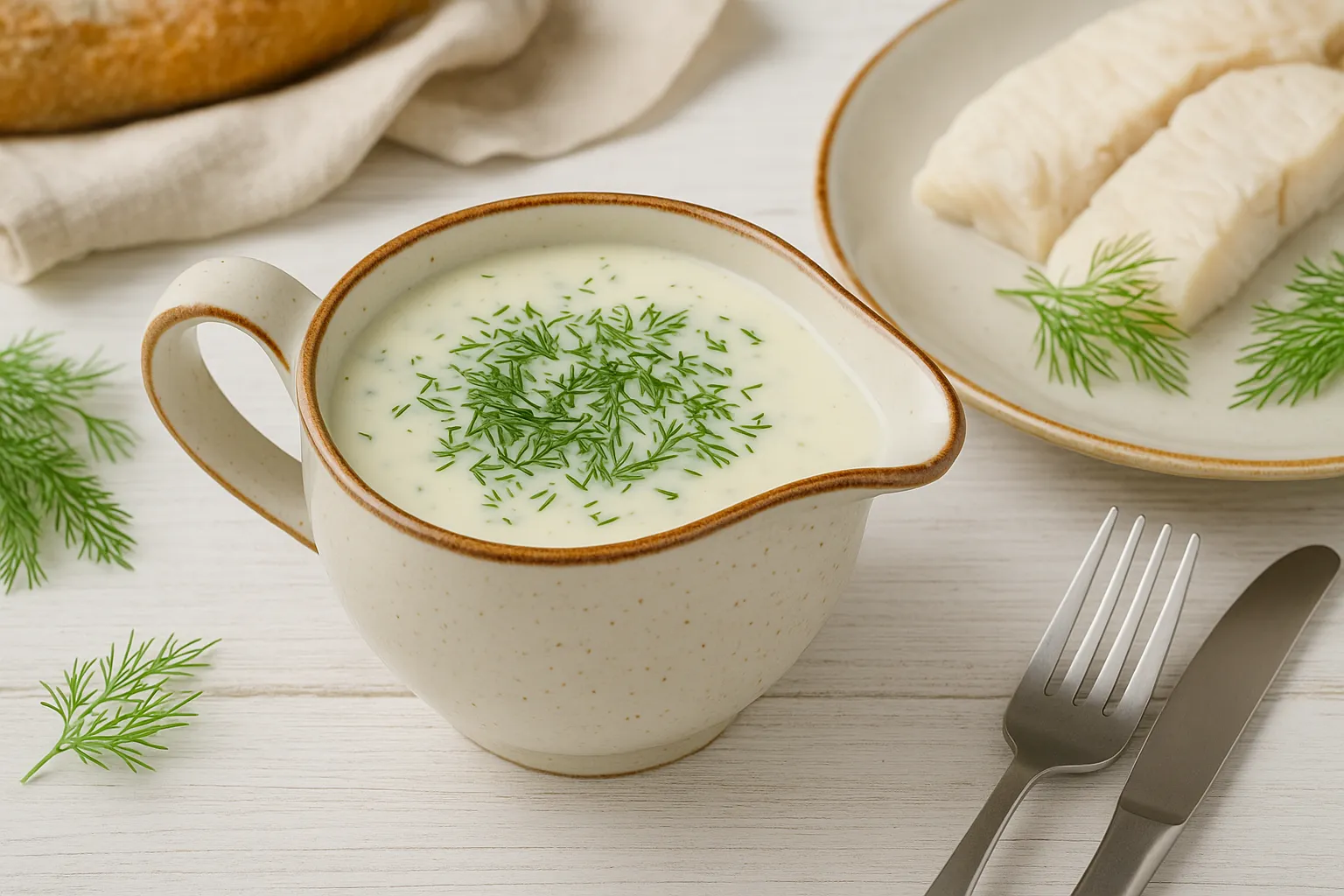  Cremige Sahnesoße mit Dill in Sauciere auf weißem Holztisch, dazu Kochfisch und Dill, moderne Dekoration.