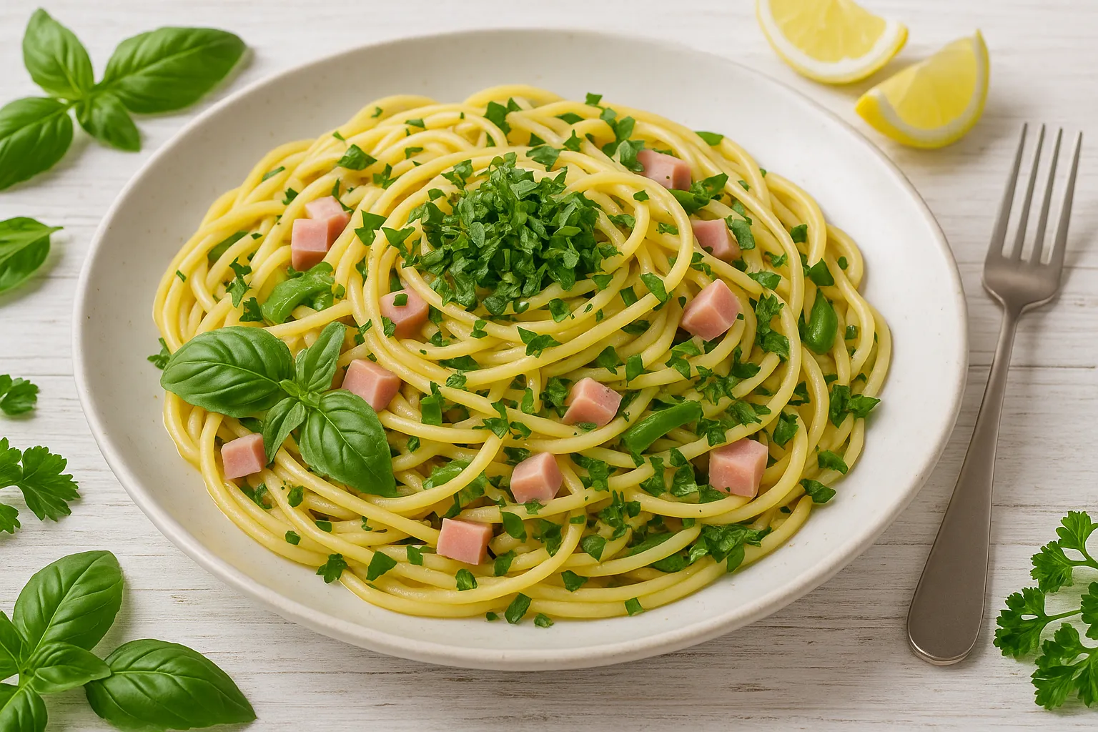 Spaghetti mit Kräutern, Schinken und Paprika auf weißem Teller, viele Kräuter, modernes Besteck, helles Holz