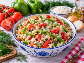 Frischer Reissalat mit Tomaten, Paprika und Dill.