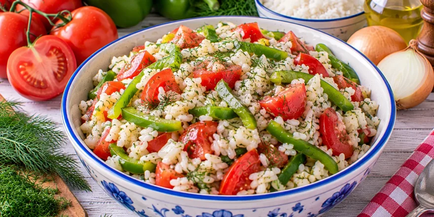 Frischer Reissalat mit Tomaten, Paprika und Dill.
