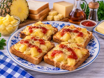Überbackener Toast mit Ananas, Käse und Tomatenketchup.
