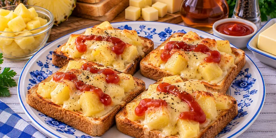 Überbackener Toast mit Ananas, Käse und Tomatenketchup.