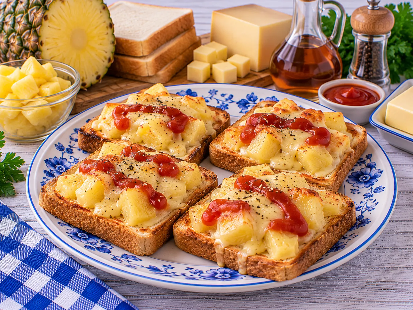 Überbackener Toast mit Ananas, Käse und Tomatenketchup.