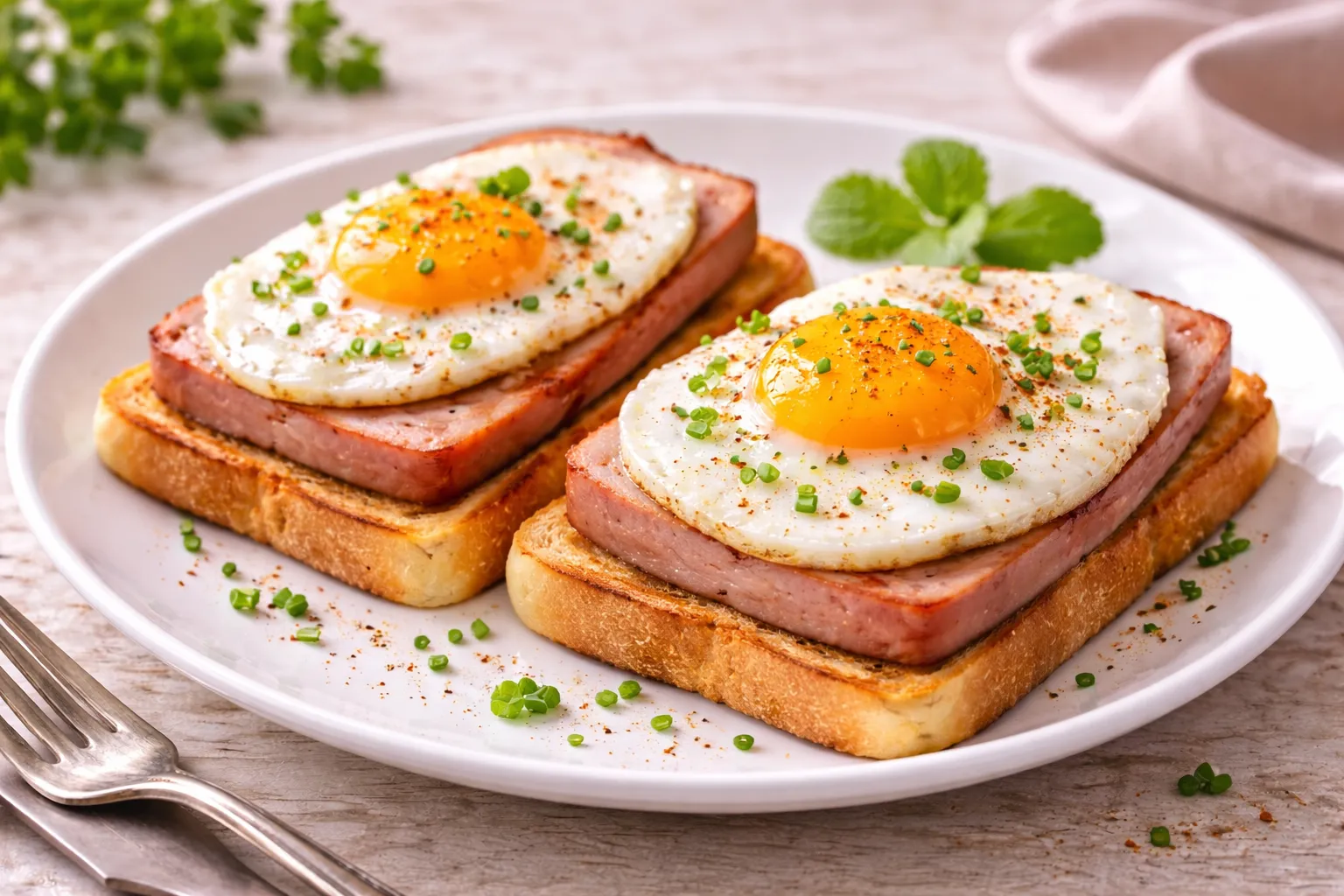 Gerösteter Toast mit Leberkäse und Spiegelei, bestreut mit Schnittlauch