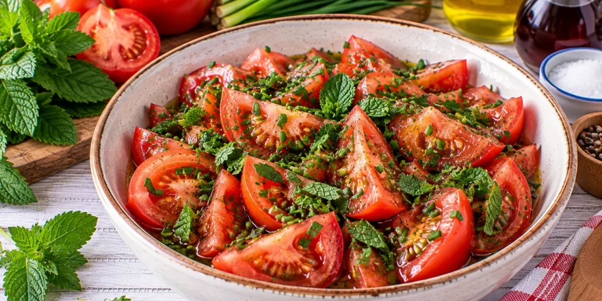 Tomatensalat mit frischer Minzsoße und Schnittlauch.