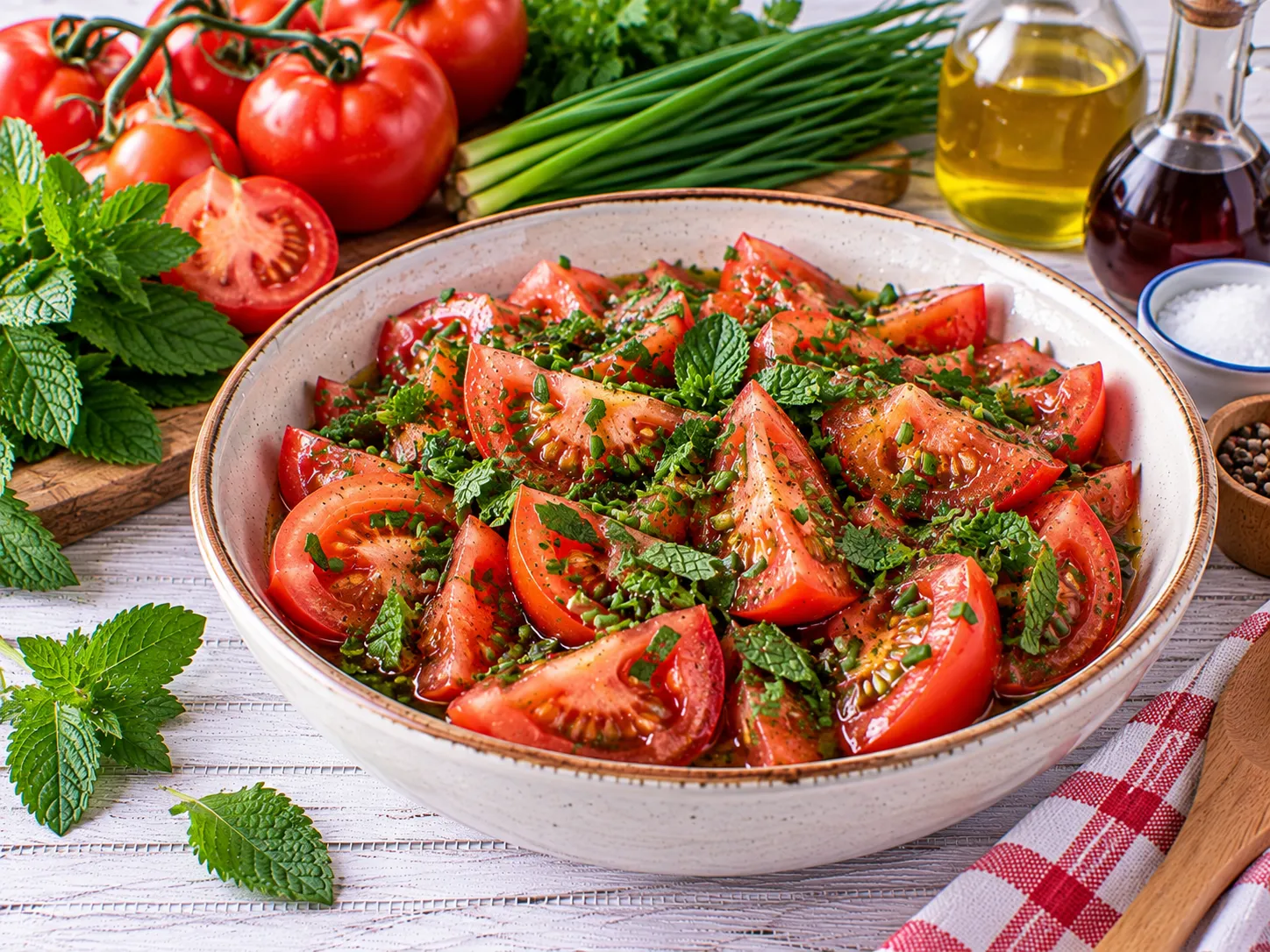 Tomatensalat mit frischer Minzsoße und Schnittlauch.