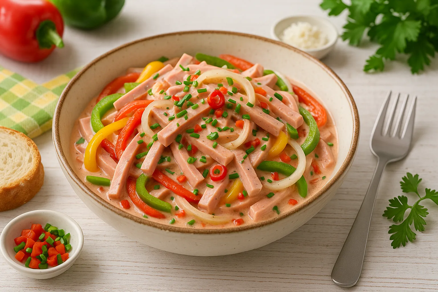  Bunter, scharfer Wurstsalat mit Paprika, Bockwurst und cremiger Soße in Keramikschüssel, dekoriert mit Kräutern und Brot, auf weißem Holztisch.