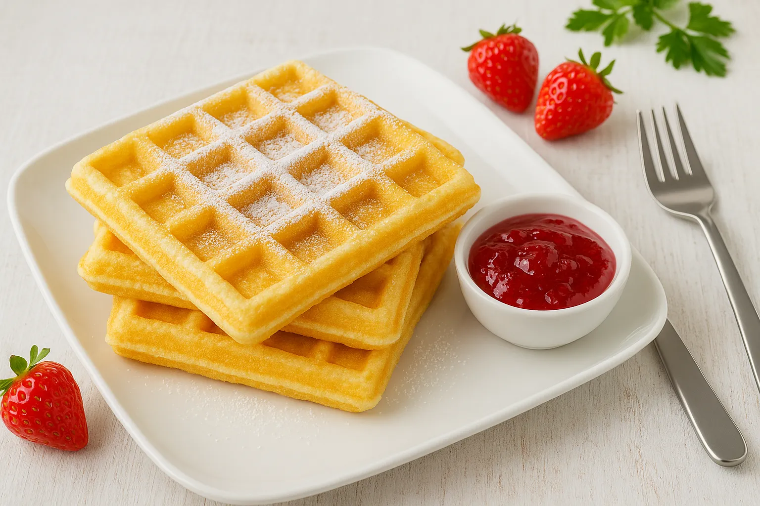 Goldgelbe Backpulverwaffeln auf weißem Teller, bestäubt mit Puderzucker, dazu Marmelade und Erdbeeren, auf weißem Holzhintergrund angerichtet.