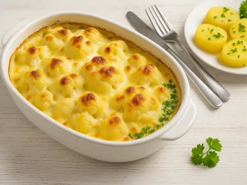Überbackener Blumenkohl mit Käsesoße in Auflaufform, daneben Petersilienkartoffeln, serviert auf weißem Holzhintergrund.