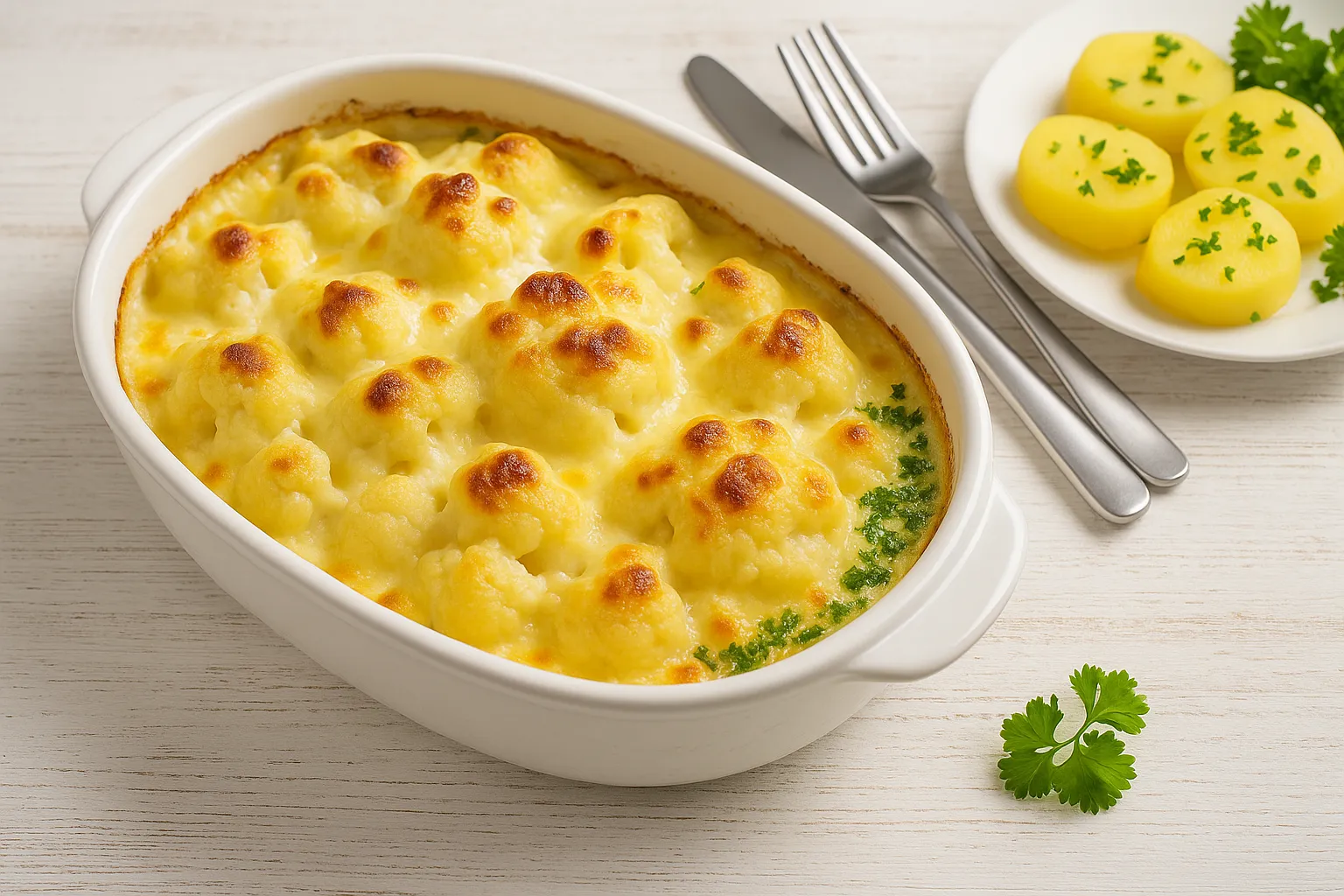 Überbackener Blumenkohl mit Käsesoße in Auflaufform, daneben Petersilienkartoffeln, serviert auf weißem Holzhintergrund.
