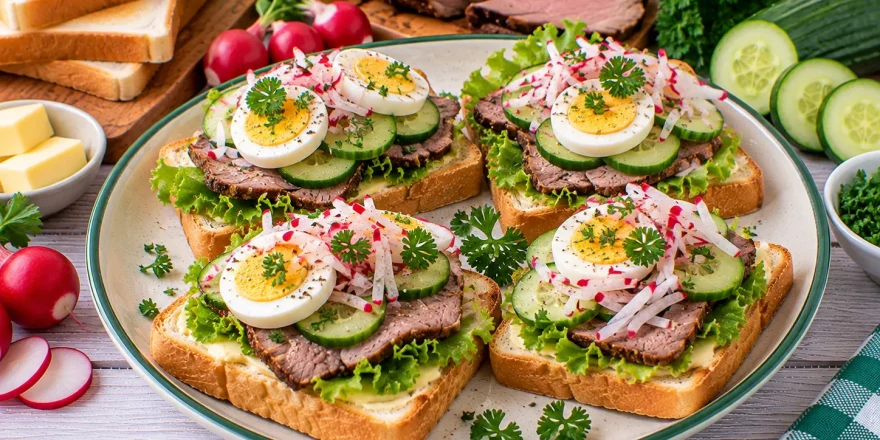 Knusprige Bratentoasts mit Rindfleisch, Ei und Gurke.