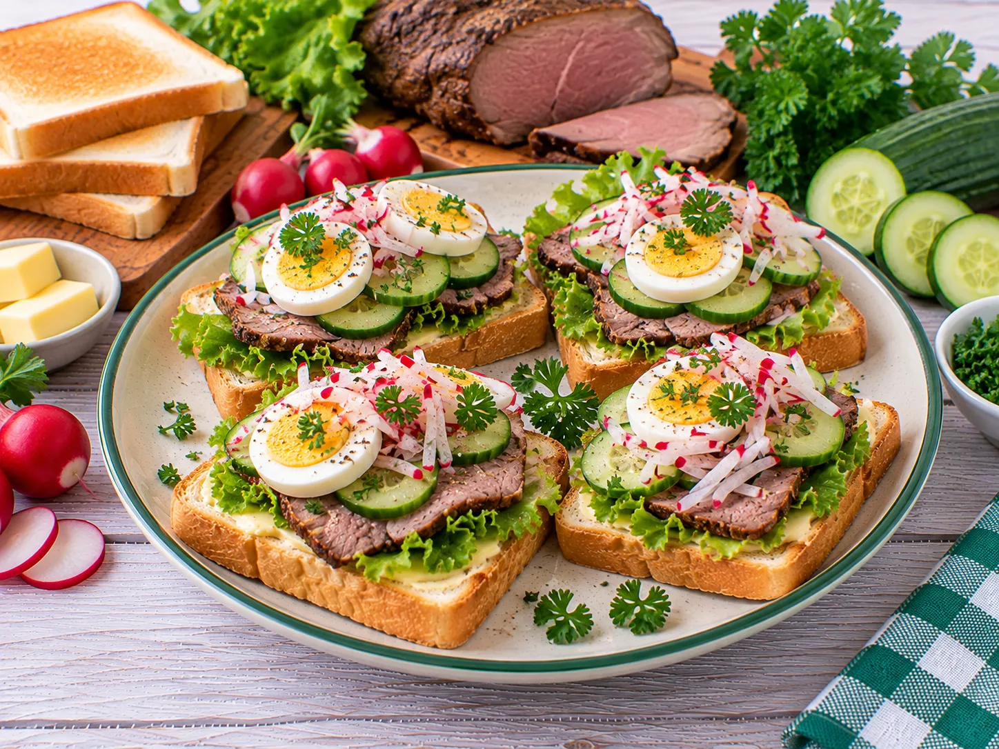 Knusprige Bratentoasts mit Rindfleisch, Ei und Gurke.