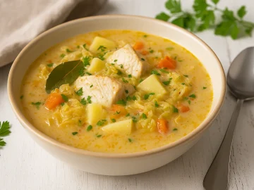 Bulgarische Fischsuppe mit Gemüse, Sauerkraut und Fischstücken in Suppenschüssel angerichtet