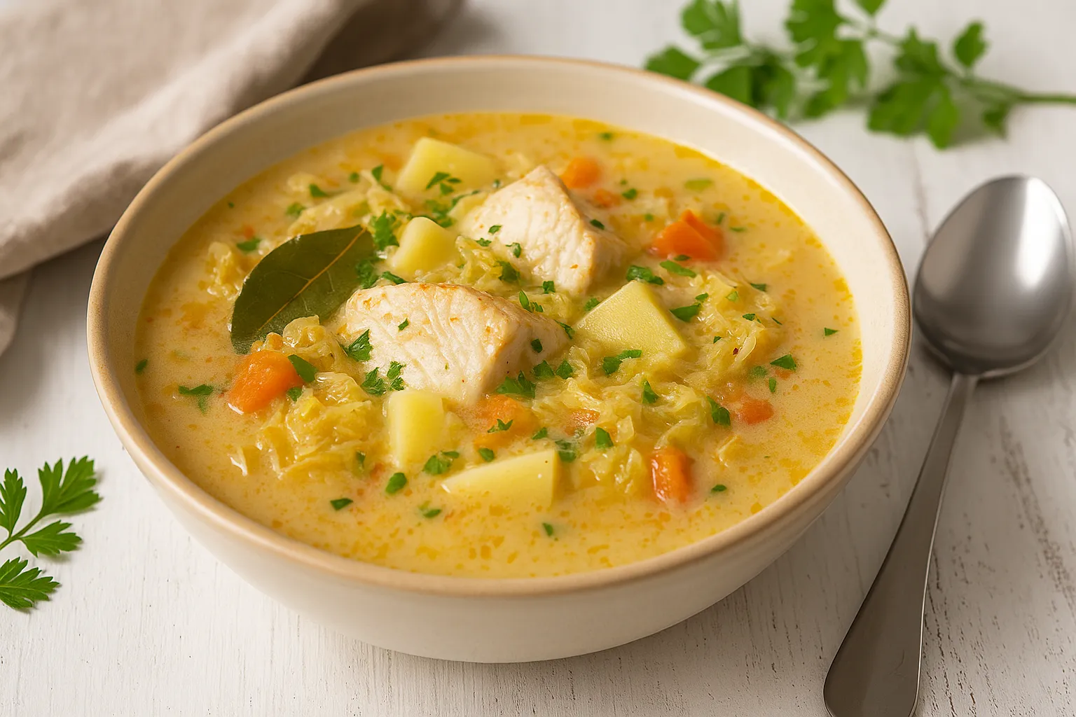 Bulgarische Fischsuppe mit Gemüse, Sauerkraut und Fischstücken in Suppenschüssel angerichtet