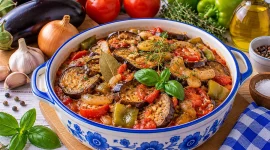 Geschmortes Auberginengemüse mit Paprika und Tomaten.