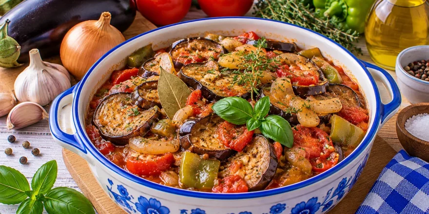 Geschmortes Auberginengemüse mit Paprika und Tomaten.