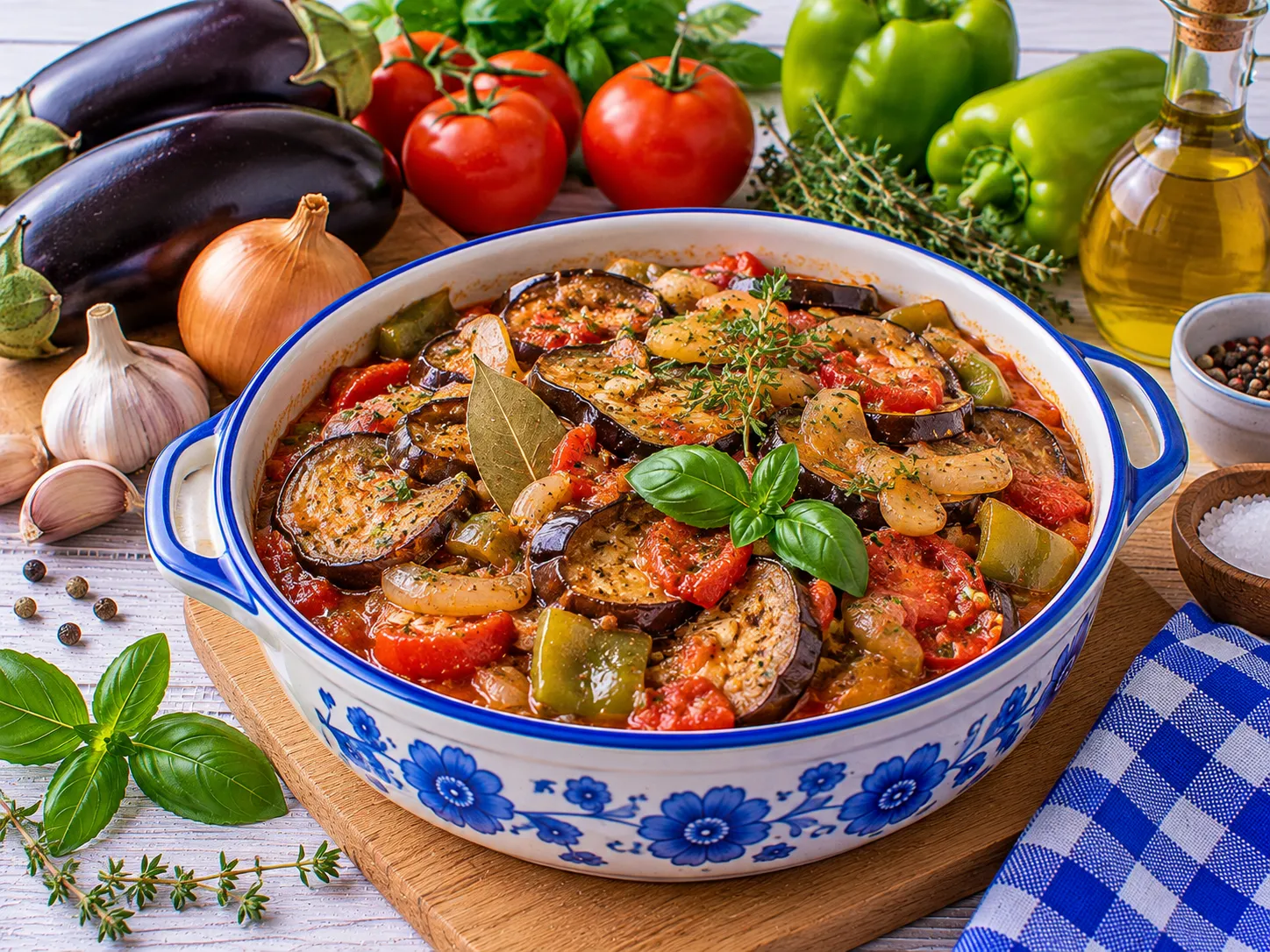 Geschmortes Auberginengemüse mit Paprika und Tomaten.