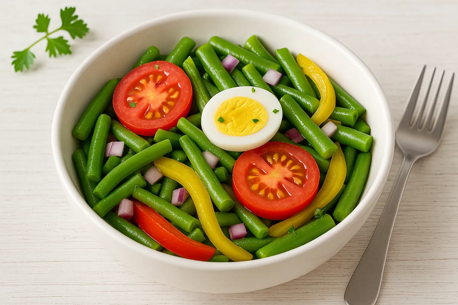 Feiner Gemüsesalat mit grünen Bohnen, Paprika, Tomaten und Ei in weißer Schüssel, serviert auf weißem Holzhintergrund.