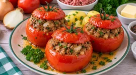 Gefüllte Fleischtomaten mit Schabefleisch und Kräutern.
