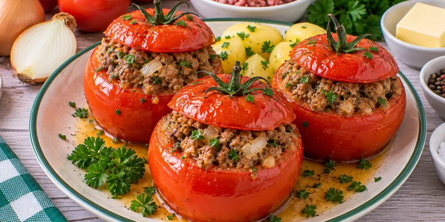Gefüllte Fleischtomaten mit Schabefleisch und Kräutern.