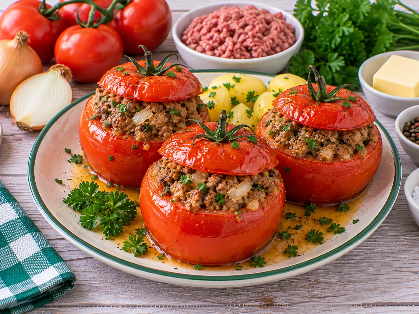 Gefüllte Fleischtomaten mit Schabefleisch und Kräutern.