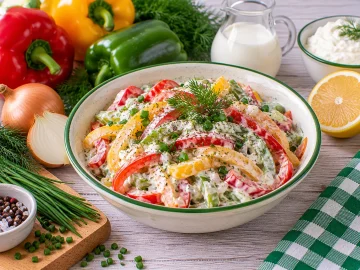 Knackiger Paprikasalat mit cremigem Quark-Dressing.