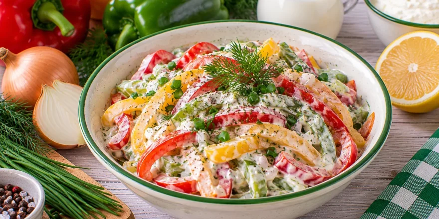 Knackiger Paprikasalat mit cremigem Quark-Dressing.