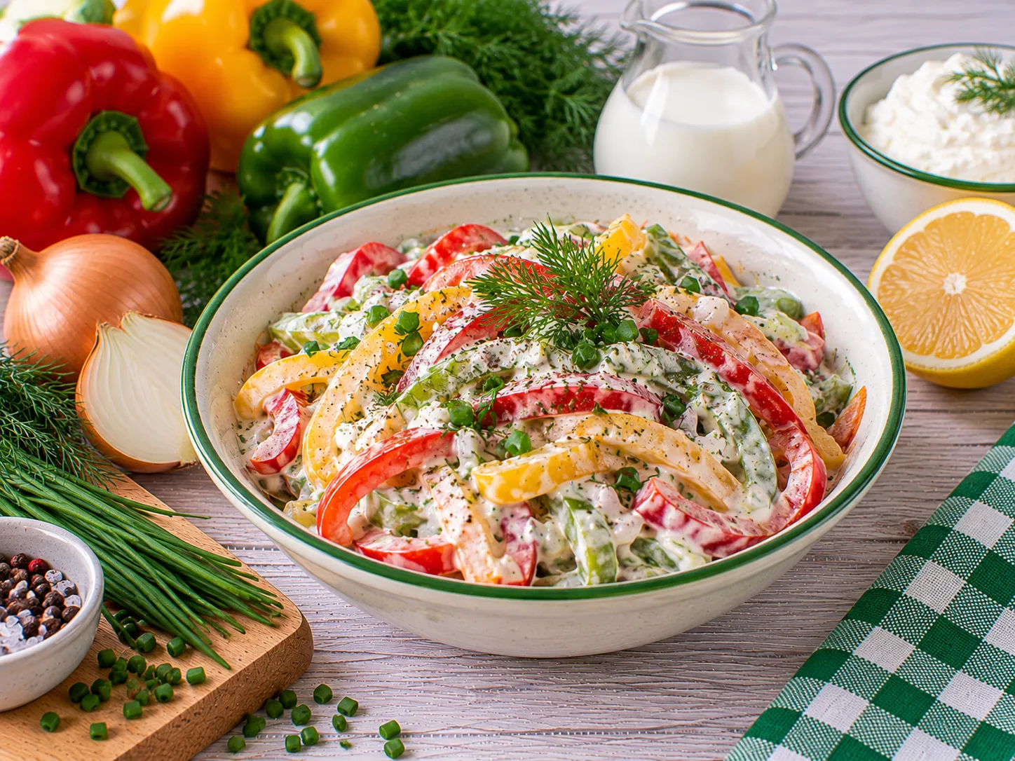 Knackiger Paprikasalat mit cremigem Quark-Dressing.