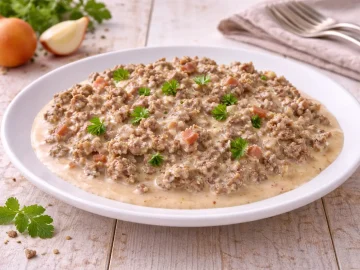 Hackfleisch in Sahnesoße mit Petersilie auf weißem Teller auf hellem Holztisch