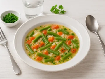 Kalte Bohnensuppe mit Gemüse und Reis in tiefem weißen Teller