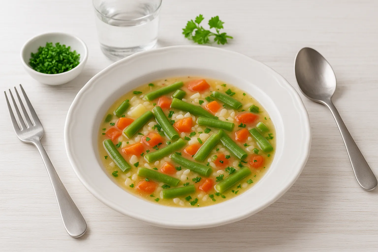 Kalte Bohnensuppe mit Gemüse und Reis in tiefem weißen Teller