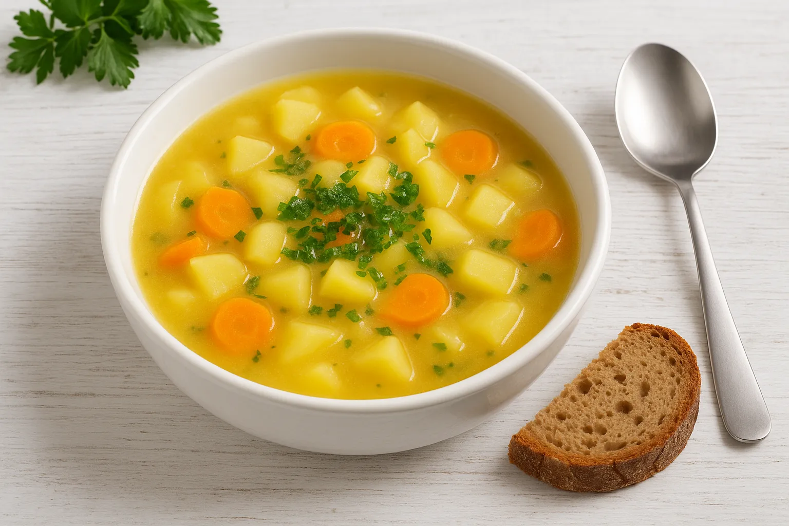 Kartoffelsuppe mit Möhren in weißer Schale, mit Petersilie garniert, daneben Bauernbrot und Besteck auf weißem Holzhintergrund.