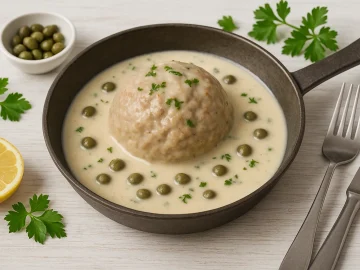 Kochklops mit cremiger Kapernsoße in rustikaler Pfanne, serviert auf Holztisch mit Dekoration