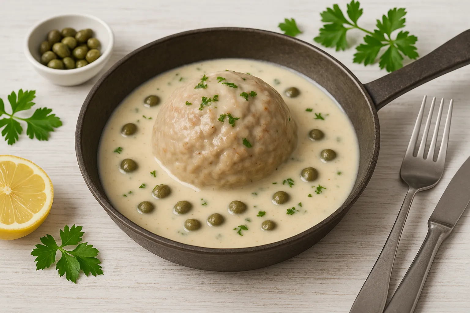 Kochklops mit cremiger Kapernsoße in rustikaler Pfanne, serviert auf Holztisch mit Dekoration