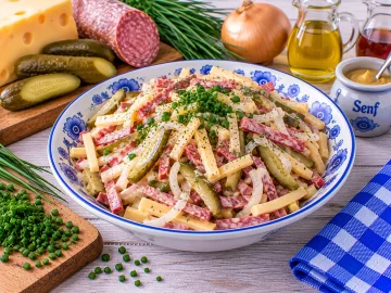 Herzhafter Käsesalat mit Salami und Gewürzgurken.