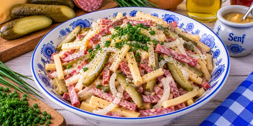 Herzhafter Käsesalat mit Salami und Gewürzgurken.