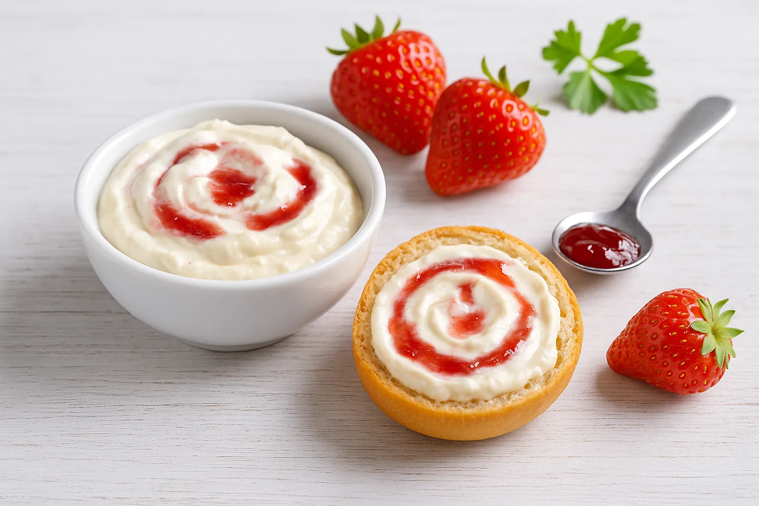 Marmeladen-Quark-Aufstrich in weißer Schale, dazu Brötchen mit Quark und Marmelade auf weißem Holzhintergrund, Erdbeeren als Deko.