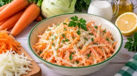 Frischer Möhren-Kohlrabi-Salat mit leichtem Zitronen-Dressing.