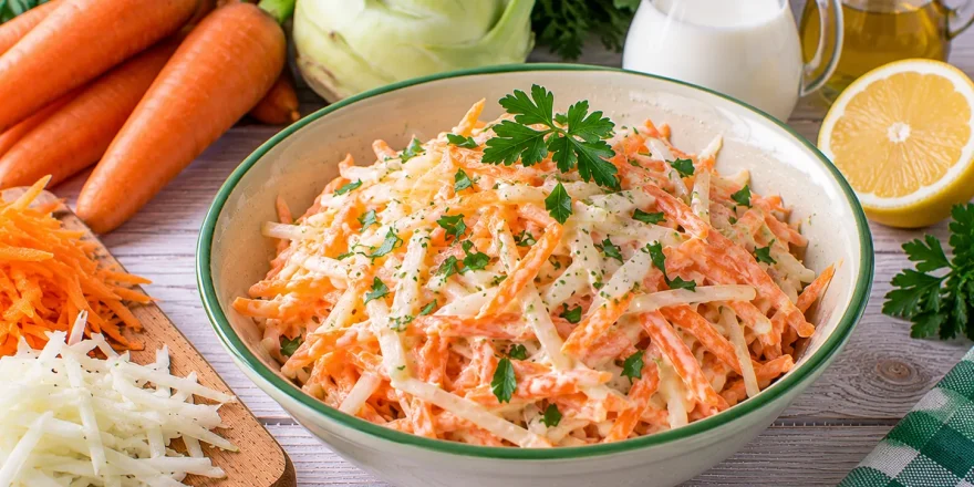 Frischer Möhren-Kohlrabi-Salat mit leichtem Zitronen-Dressing.