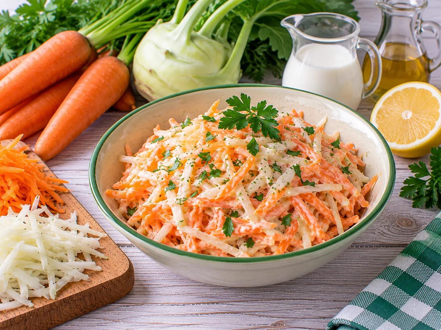 Frischer Möhren-Kohlrabi-Salat mit leichtem Zitronen-Dressing.
