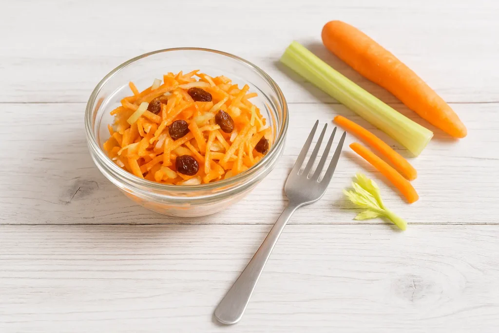  Möhren-Sellerie-Salat mit Rosinen in einer kleinen Glasschüssel, auf weißem Holztisch, daneben Gabel und Gemüsedeko.