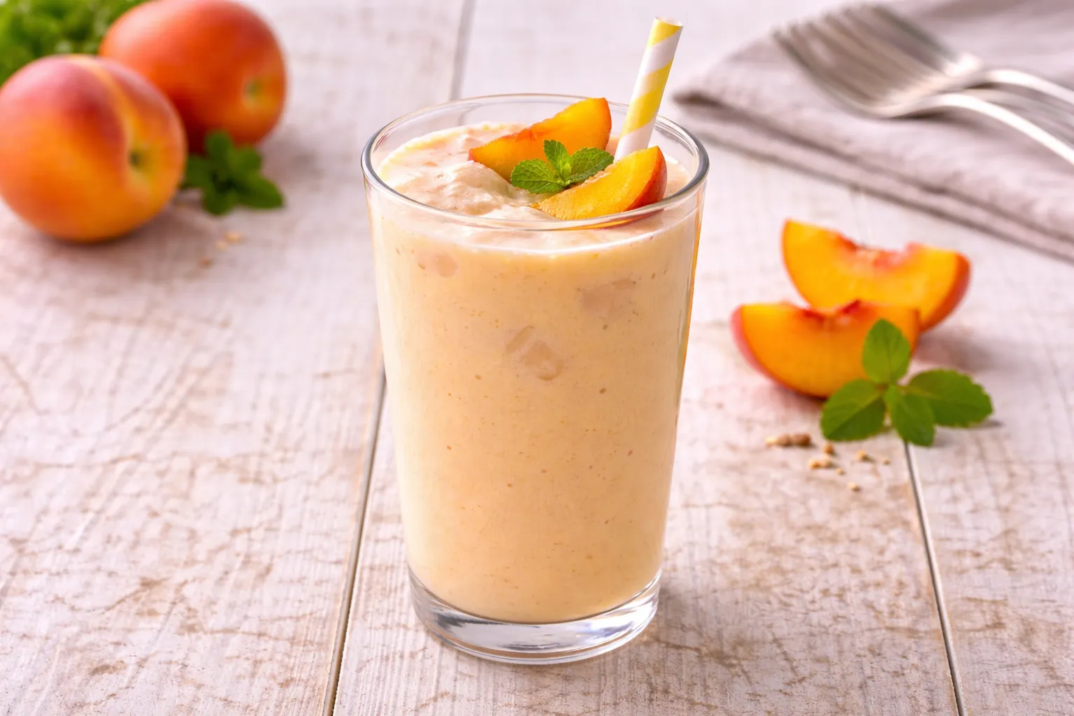 Pfirsich-Cocktail mit Milch und Pfirsichen in hohem Glas auf hellem Holztisch