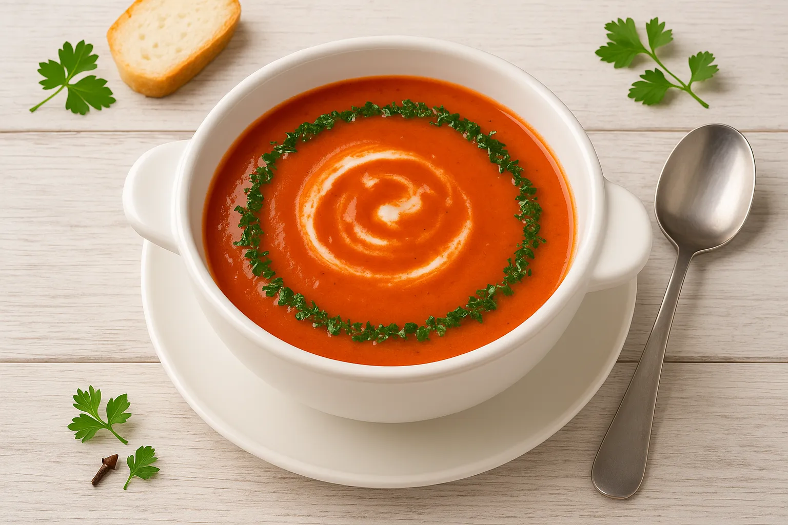 Pikante Tomatensuppe in weißer Schale, serviert mit Sahne und Petersilienrand auf weißem Holzhintergrund.