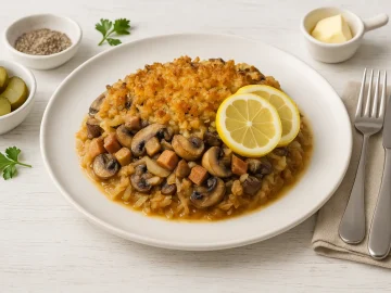 Pilzsoljanka mit Kraut, Pilzen, Wurst und Zitrone auf weißem Teller, dekoriert auf weißem Holzhintergrund