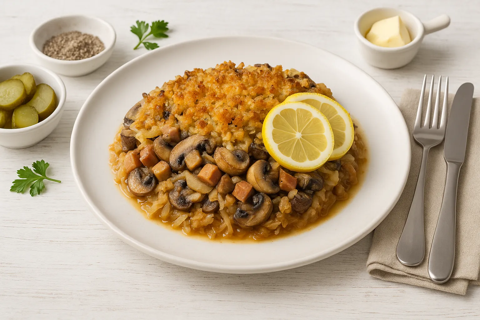 Pilzsoljanka mit Kraut, Pilzen, Wurst und Zitrone auf weißem Teller, dekoriert auf weißem Holzhintergrund